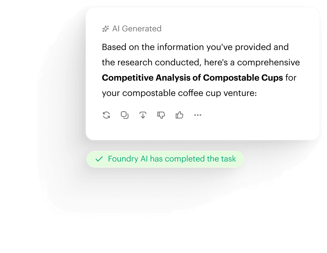 A notification card with an "AI Generated" label presenting a competitive analysis of compostable cups, followed by a green checkmark message stating "Foundry AI has completed the task."