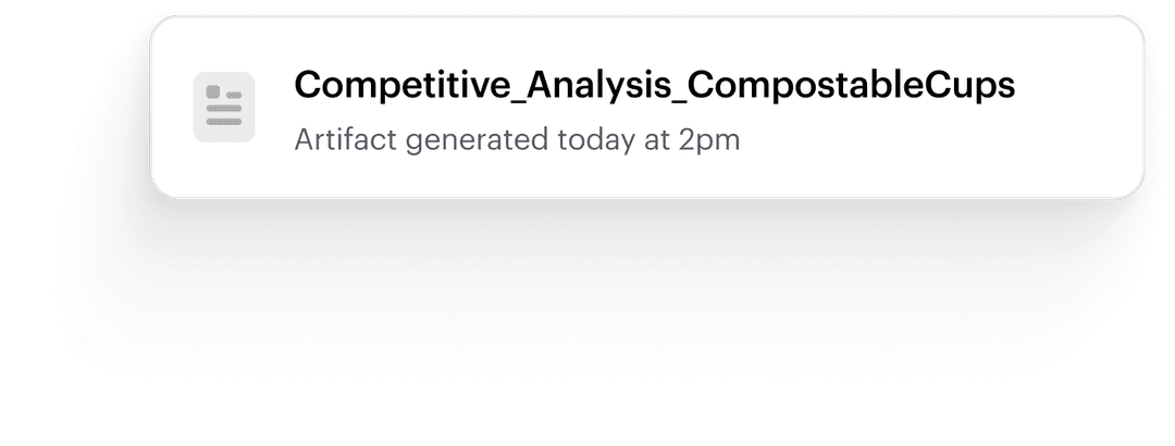 Notification card with document icon and filename "Competitive_Analysis_CompostableCups" stating the artifact was generated today at 2pm.
